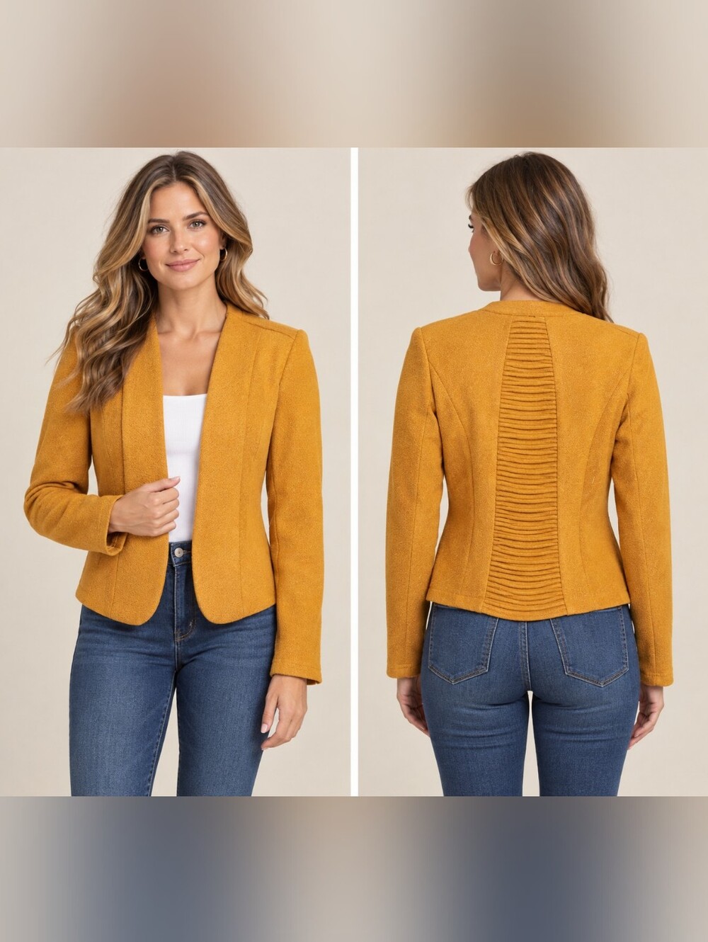 Mustard Textured Open-Front Women's Blazer Jacket